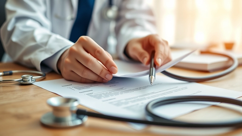 Close-up of hands holding medical documents and pen on desk, stethoscope visible, professional healthcare setting, warm neutr