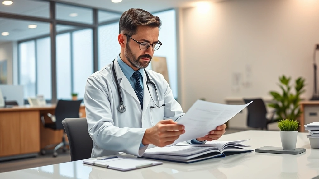 Doctor in white coat reviewing medical documents at desk in modern clinic office, warm professional lighting, healthcare sett