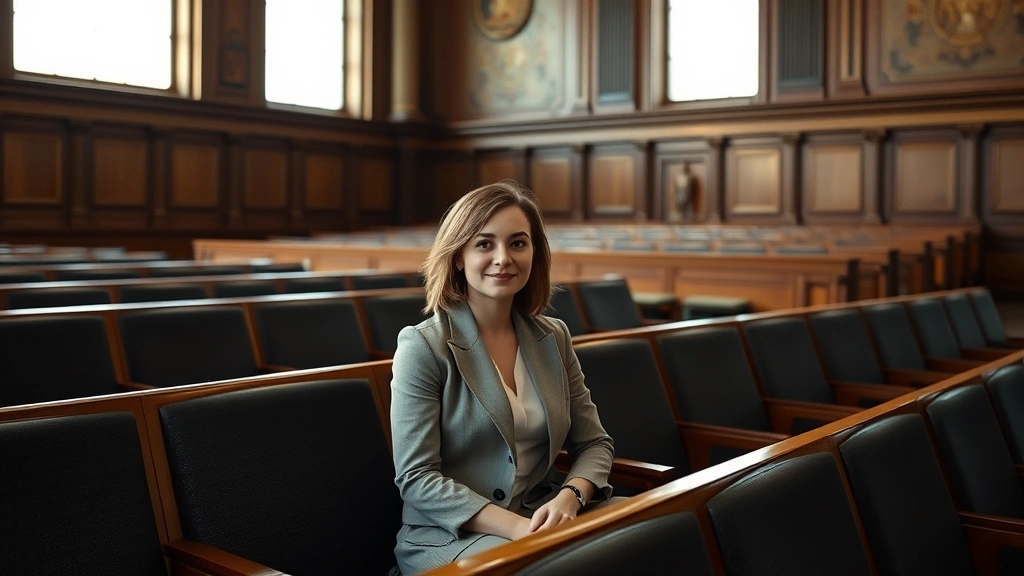 Person sitting in courtroom gallery bench, neutral expression, professional environment, natural courthouse lighting through