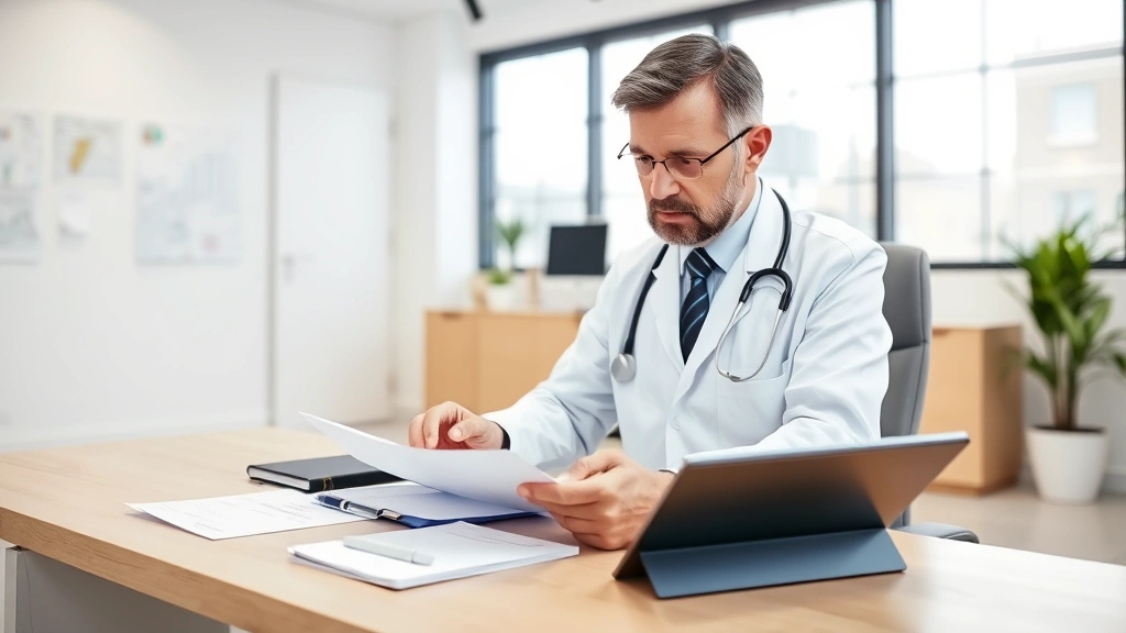 Professional doctor in white coat reviewing medical documents at desk in modern clinic office