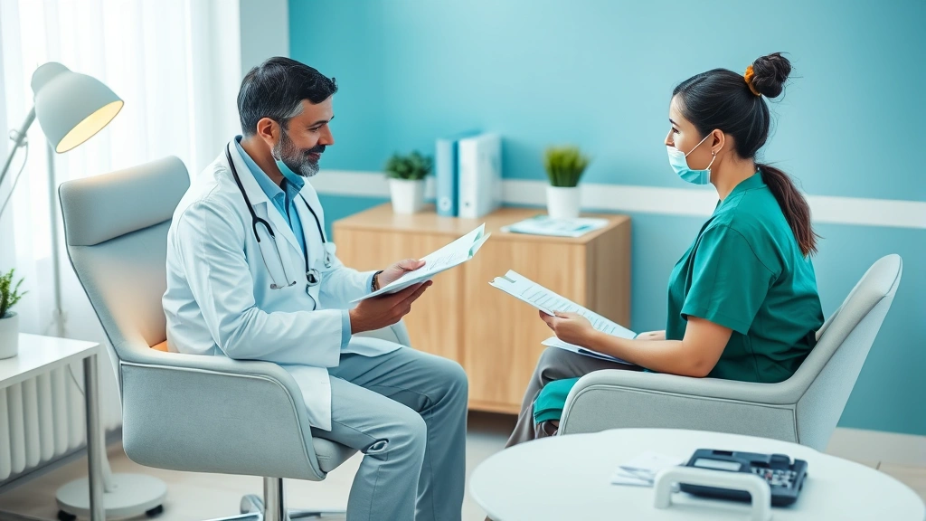 Patient sitting in comfortable office chair during consultation with healthcare provider discussing medical records