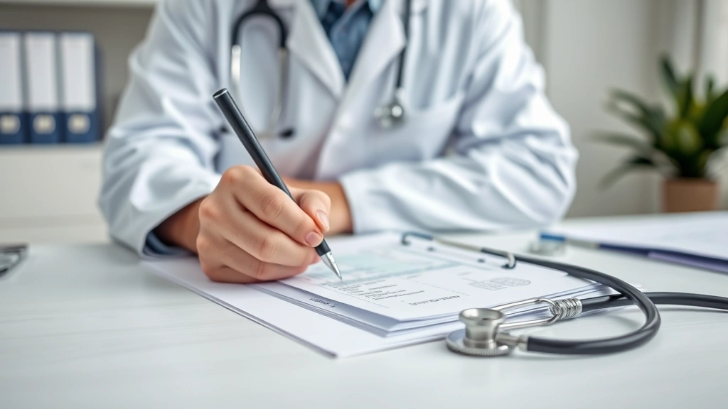 Licensed physician writing detailed notes on patient file with stethoscope on desk in medical office