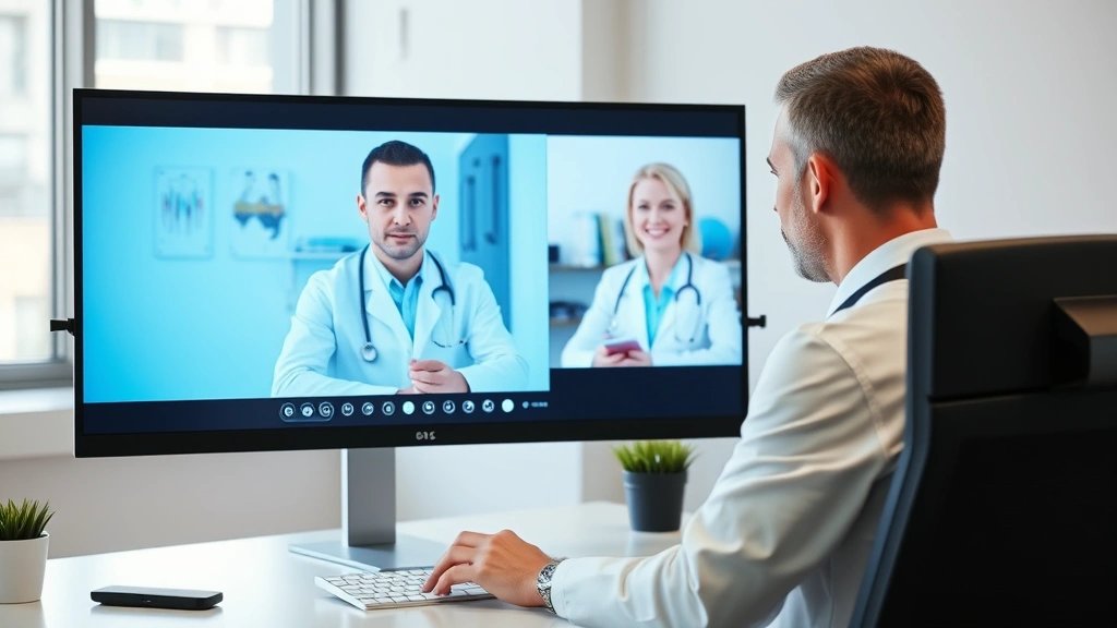 Healthcare provider in white coat having video consultation with patient on computer screen in modern office setting