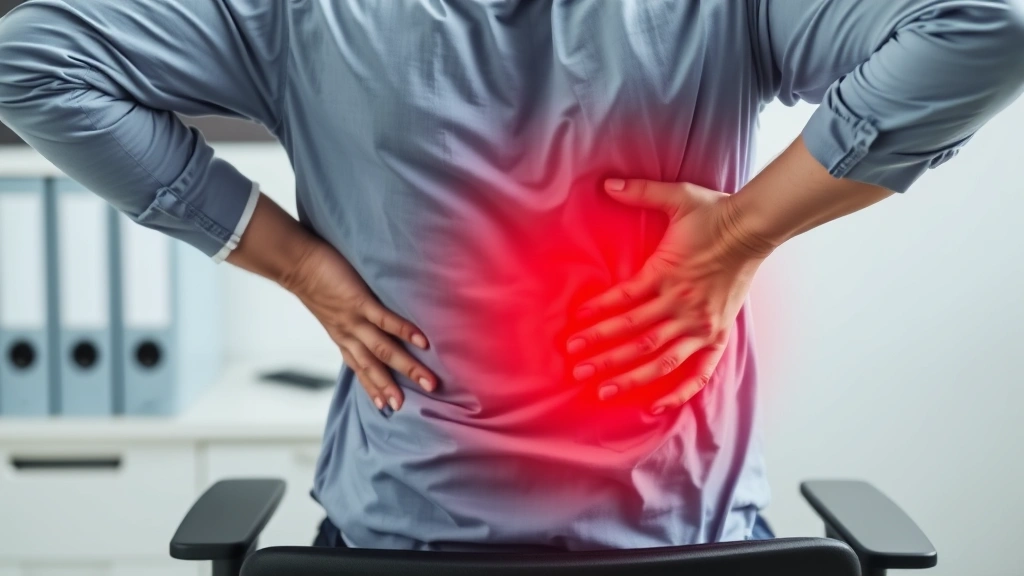 Person experiencing back pain sitting in office chair with hand on lower back showing discomfort