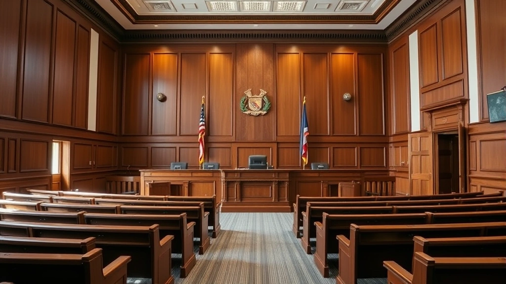 Courtroom interior with wooden benches and judge's bench in professional legal setting with natural lighting