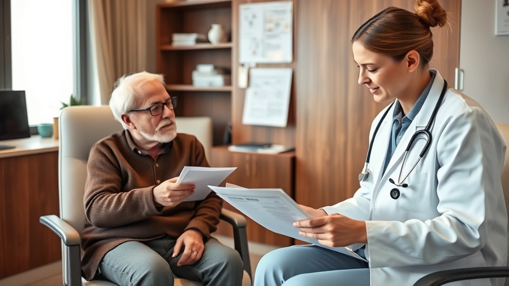 A calm patient in a doctor's office discussing medical documentation with a healthcare provider, both holding papers, warm li