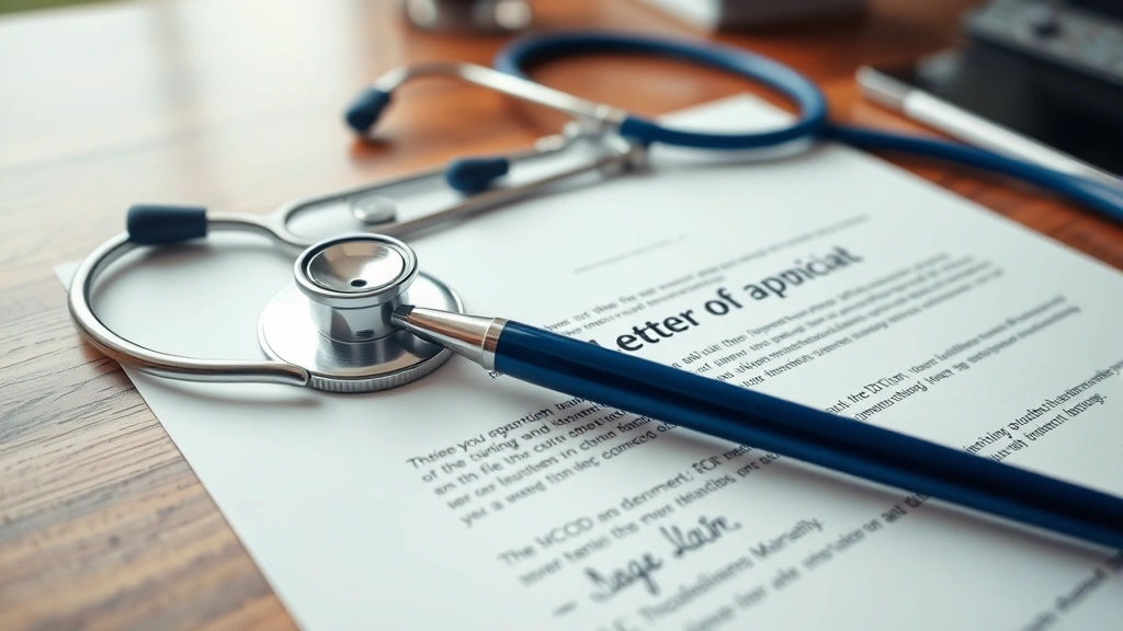 Close-up of a signed medical letter on official letterhead with stethoscope and pen, wooden desk, natural daylight from windo