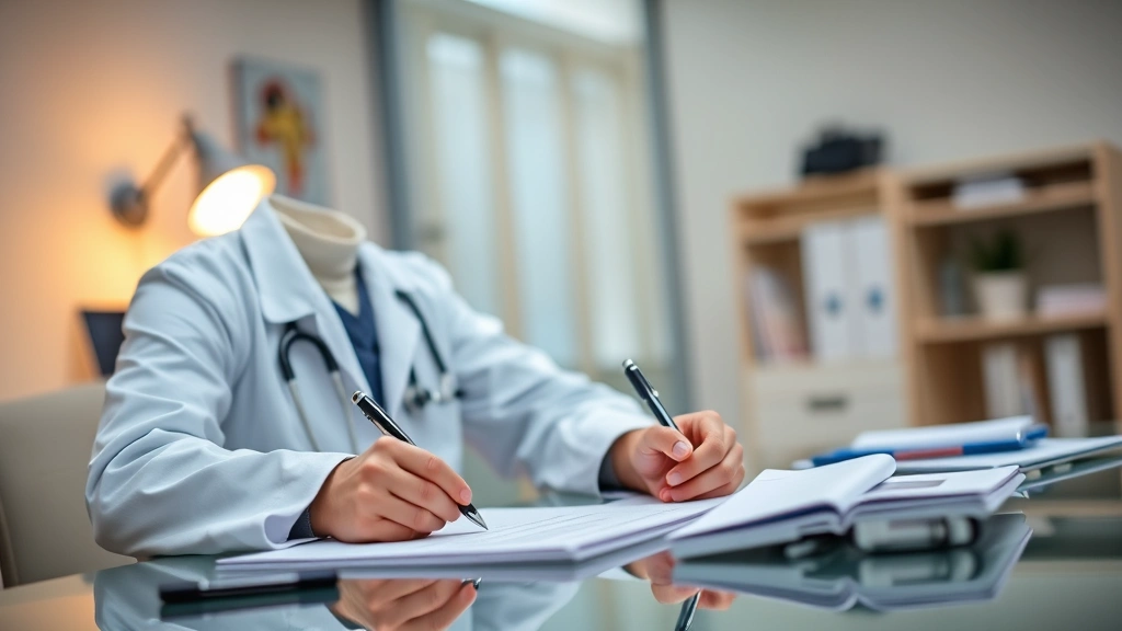 Doctor in white coat writing medical documentation at desk with stethoscope, warm professional office lighting, compassionate