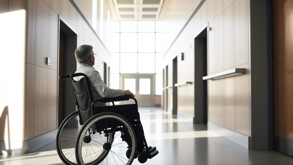 Person in wheelchair in modern accessible courthouse hallway with natural light, showing inclusive judicial building design a