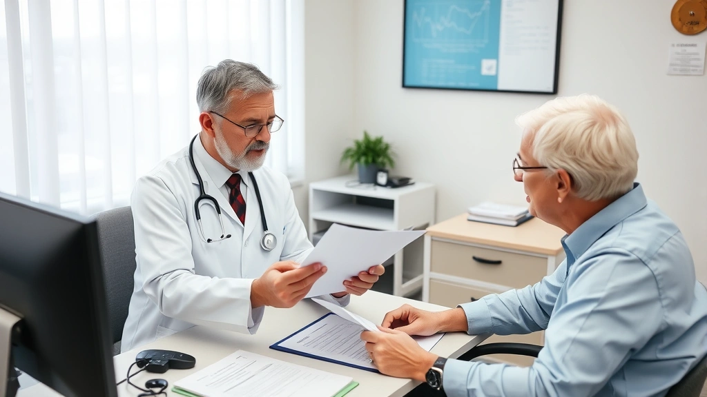 Healthcare provider explaining medical records to patient in clinical office, both sitting at desk reviewing documents, suppo