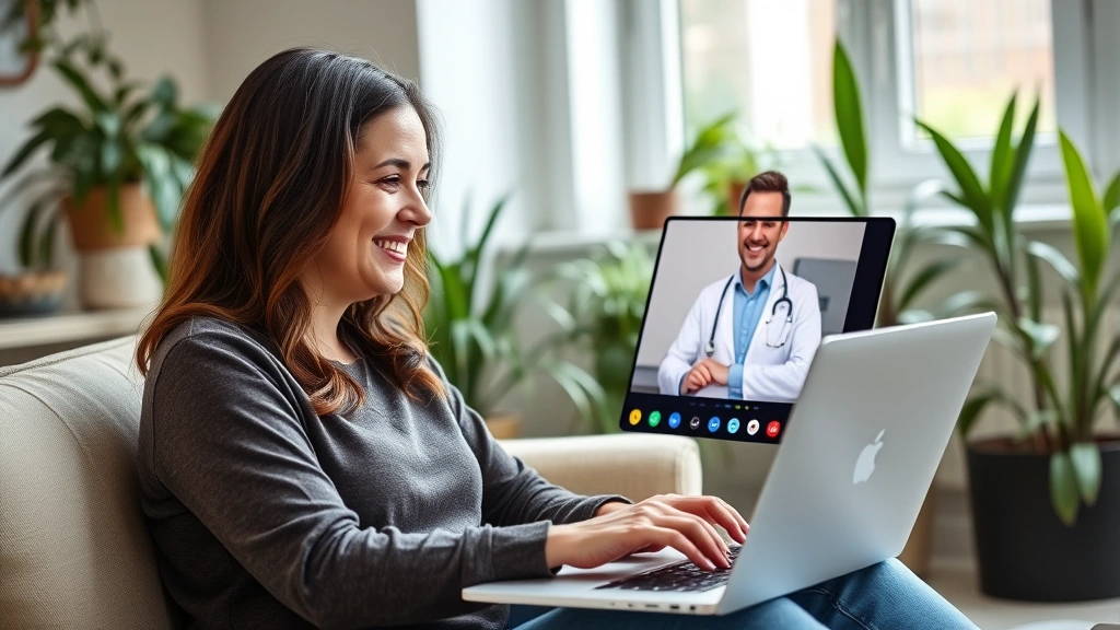Woman video conferencing with doctor on laptop at home, calm expression, comfortable setting with plants in background, natur