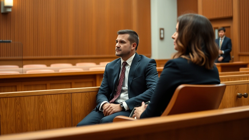 Person sitting in courtroom gallery bench, looking thoughtful, professional attire, modern courthouse interior with wood pane