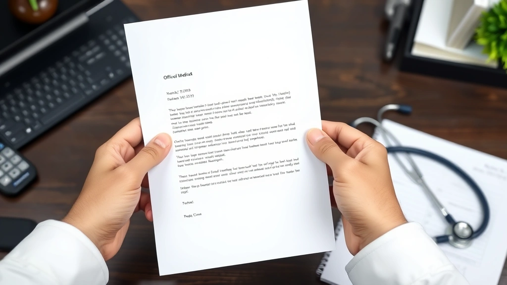 Hands holding official medical letter on letterhead paper, desk with stethoscope nearby, professional healthcare office setti