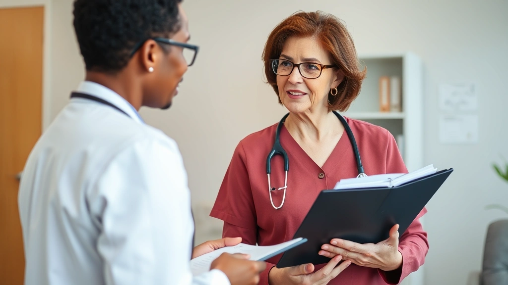 Mature woman with medical folder meeting with healthcare provider in office discussing medical documentation