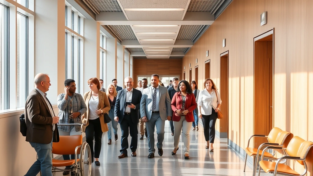 Diverse group of people in modern courthouse hallway with accessible seating and natural lighting