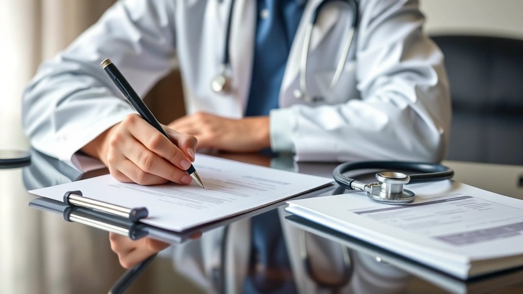 Healthcare provider writing medical letter at desk with stethoscope and patient file visible
