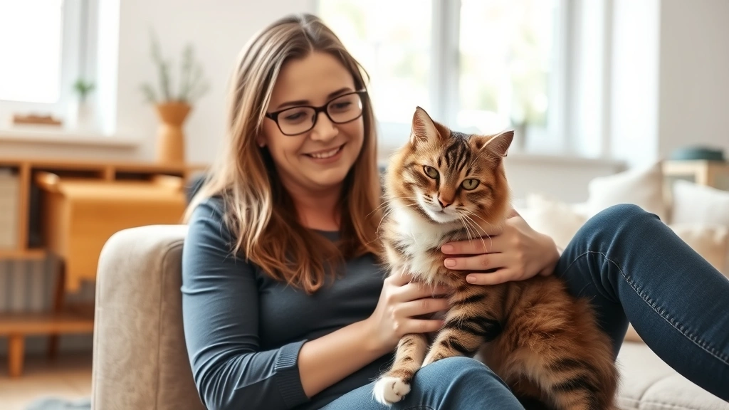 Woman sitting peacefully with emotional support cat in bright living room, natural window light, calm and content expression