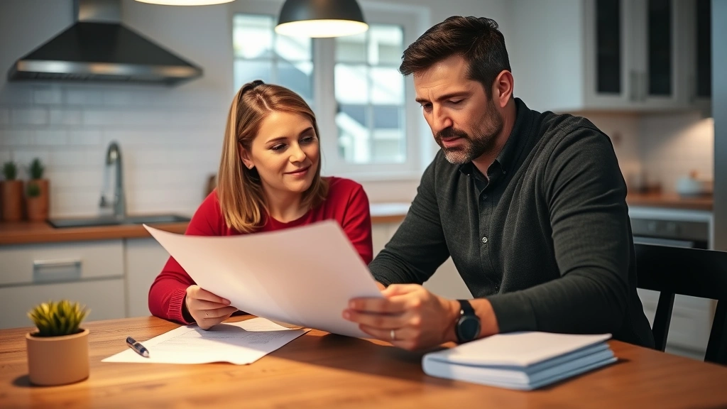Diverse couple reviewing important documents together at kitchen table, focused and organized, paperwork and pen visible
