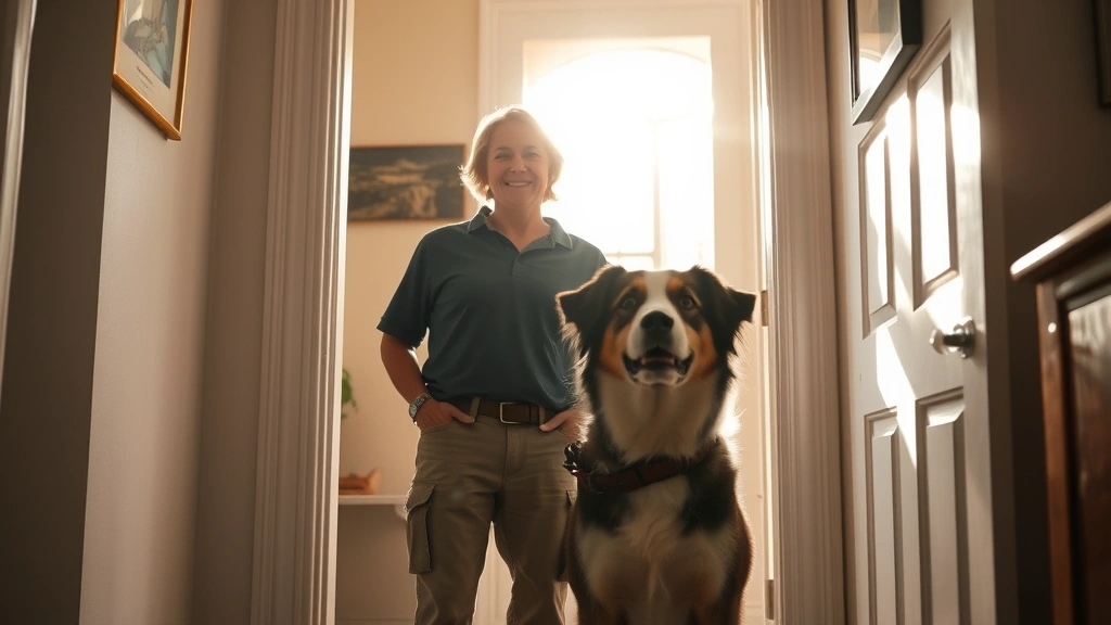 Person standing confidently in apartment doorway with service animal, sunlight streaming in, empowered and hopeful expression