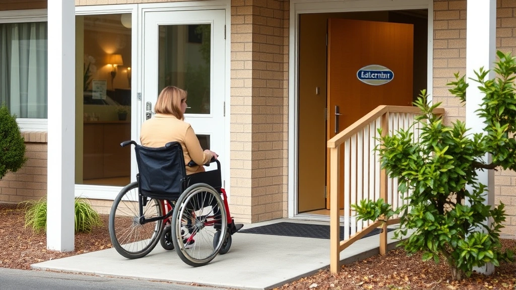 Woman in wheelchair entering accessible apartment building with ramp entrance and automatic door