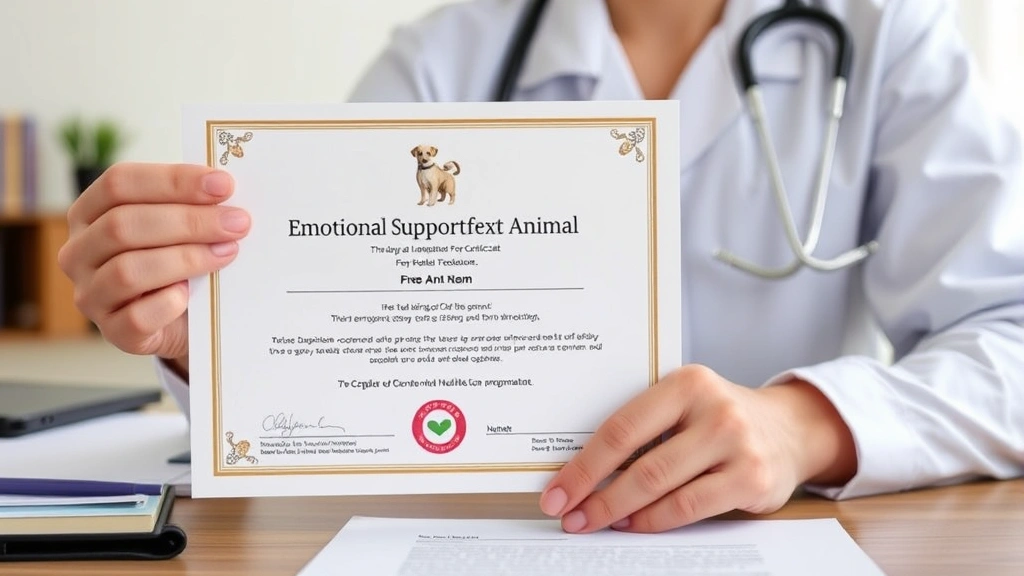 Person holding emotional support animal certificate documentation with healthcare provider letter on desk