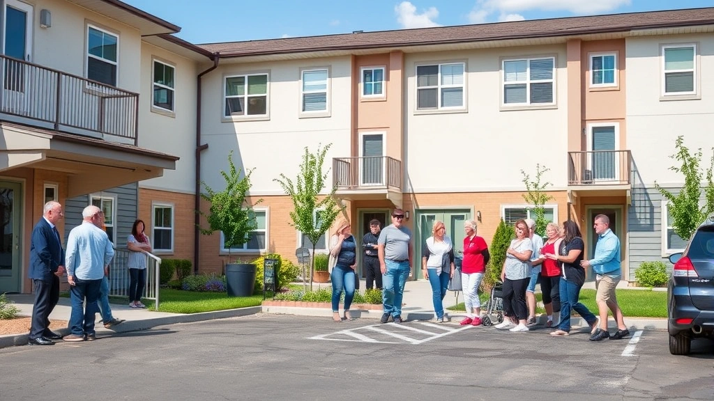 Diverse group of people in modern accessible housing community with accessible parking and ground floor entrances