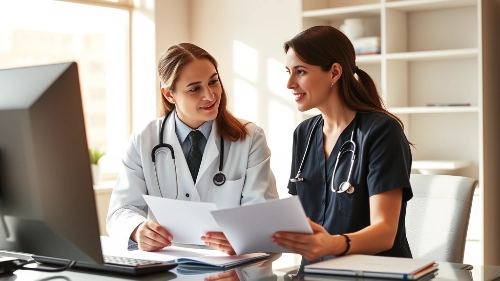 Professional woman speaking with male doctor in clinical office setting, both reviewing documents on desk, warm natural light