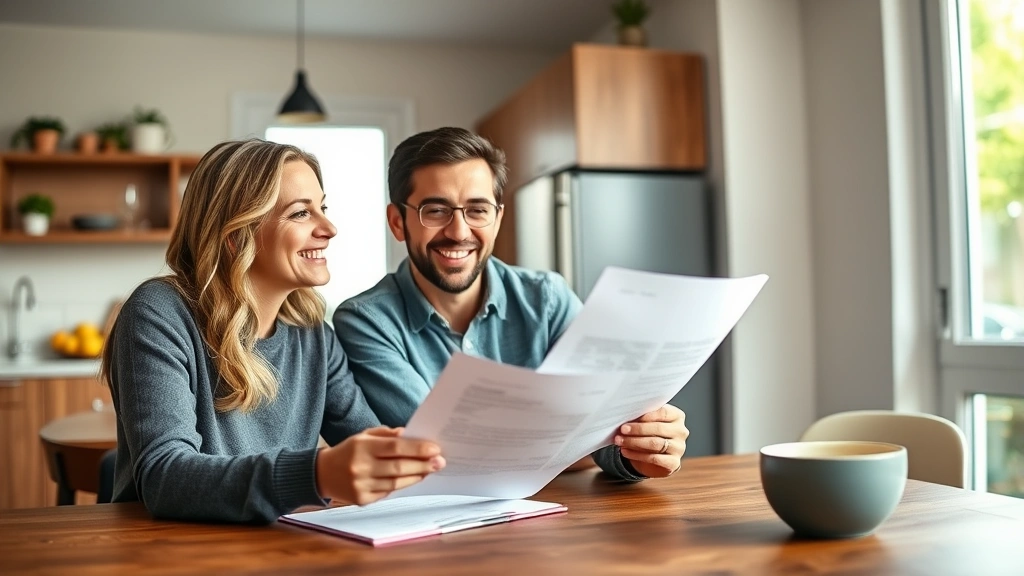 Diverse couple reviewing apartment lease documents together at kitchen table, smiling, natural daylight from window