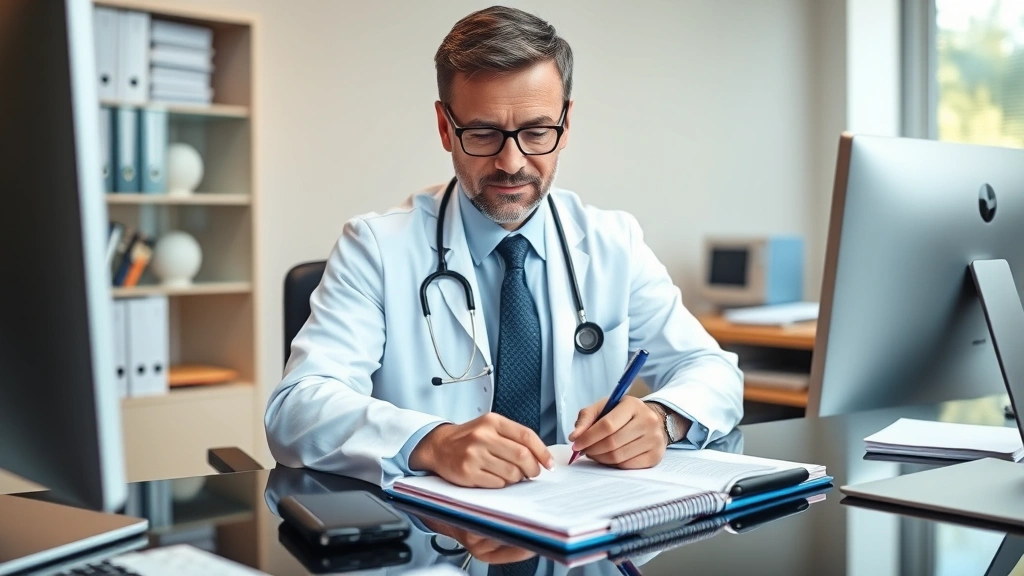 Healthcare provider writing medical notes at desk with stethoscope and computer, professional office environment, focused exp