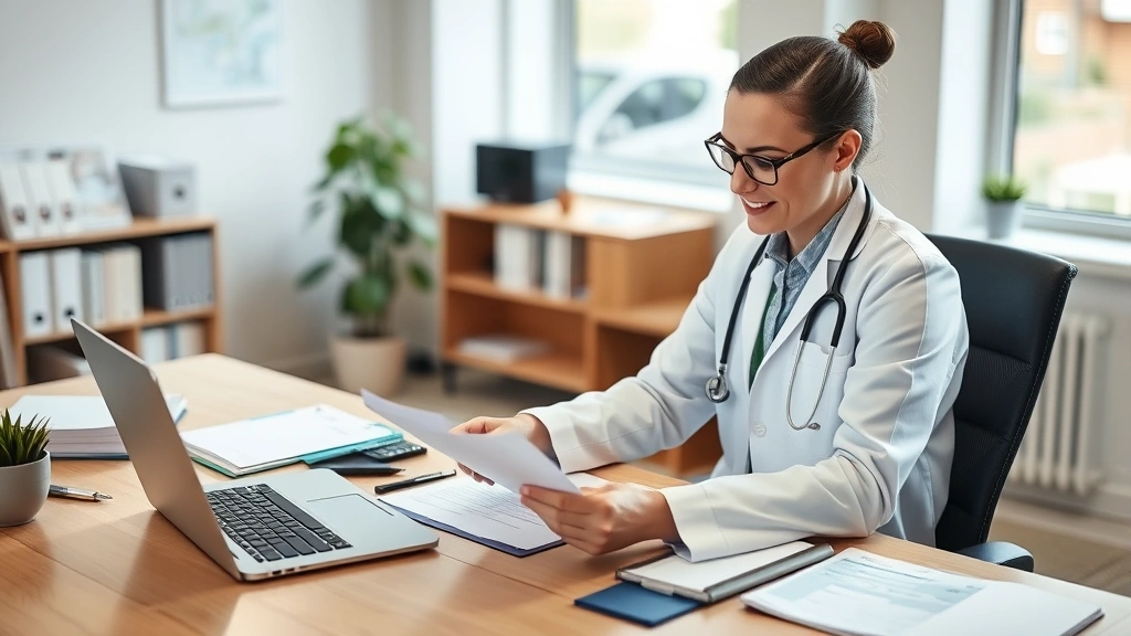 Professional healthcare provider reviewing medical documents at desk with patient records and laptop, supportive office envir