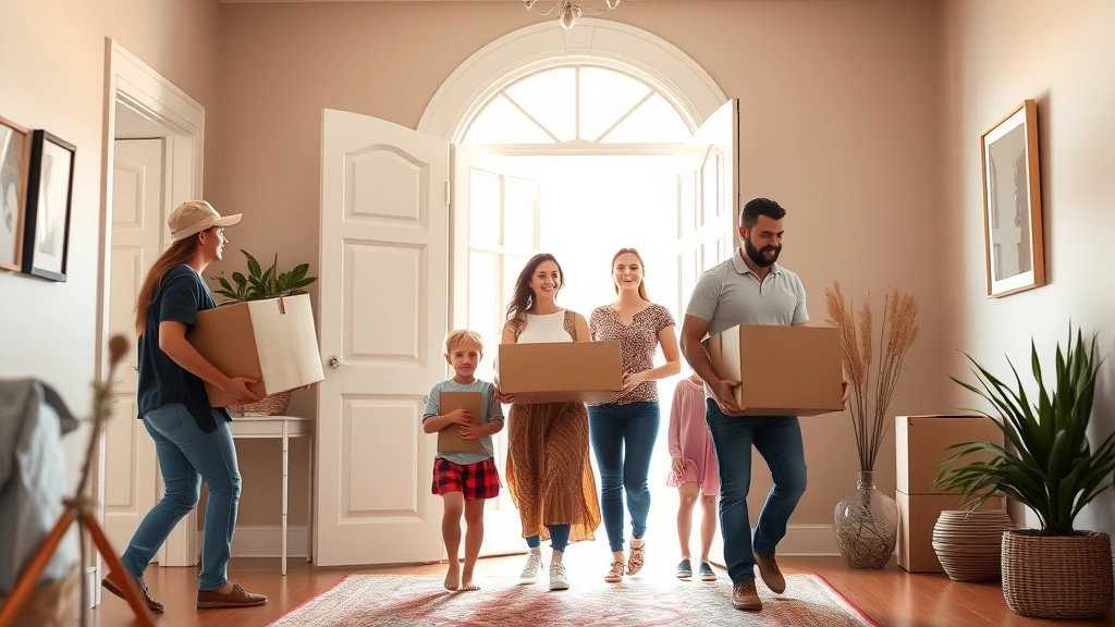 Diverse family moving into new home, movers carrying boxes, warm welcoming entryway with open door and natural sunlight strea