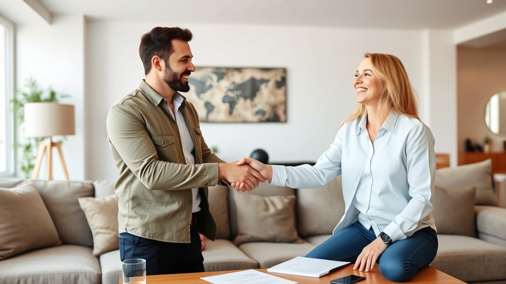 Tenant and landlord shaking hands in living room, both smiling, professional setting with lease documents on table, bright mo