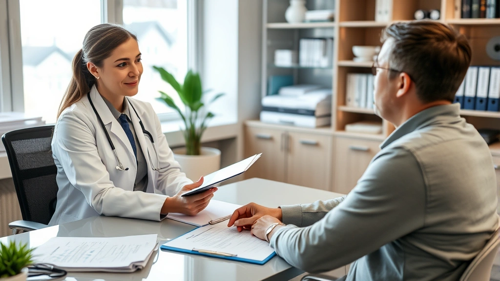 Patient meeting with healthcare provider in medical office, doctor reviewing medical documents and notes at desk, professiona