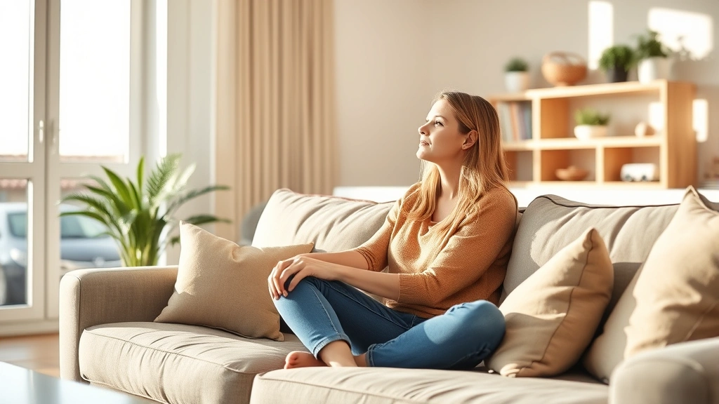 Woman in comfortable home interior sitting on couch looking peaceful, natural light from window, modern accessible living roo