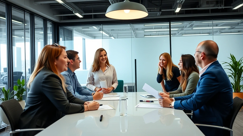 Diverse group of people in casual clothing meeting with advisor in professional office, discussing documents at table, suppor