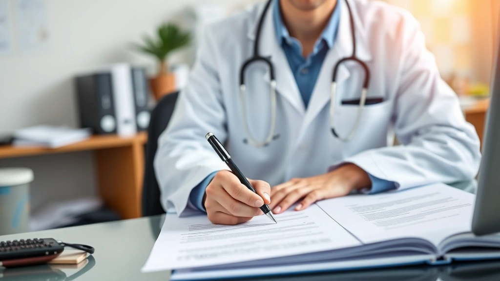 Doctor in white coat writing medical documentation at desk with patient file, professional clinical office background, natura