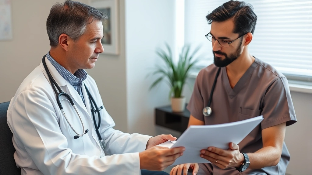 Healthcare provider and patient having serious discussion in examination room, reviewing medical records, compassionate clini