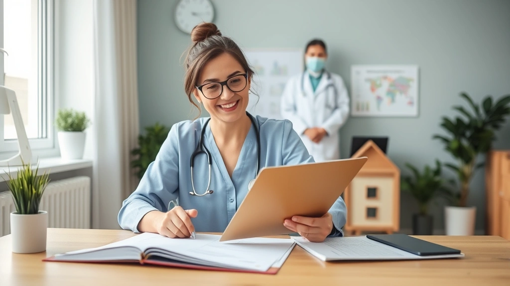 Woman with medical folder sitting at desk reviewing housing documents with supportive healthcare provider in background