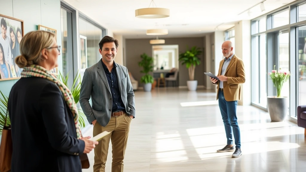 Diverse tenant speaking with professional property manager in bright apartment lobby discussing accommodation options