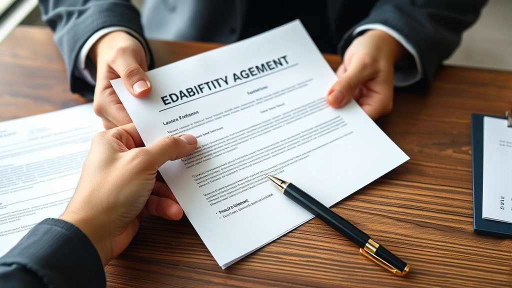 Close-up of hands holding disability verification letter and lease agreement on wooden table with pen