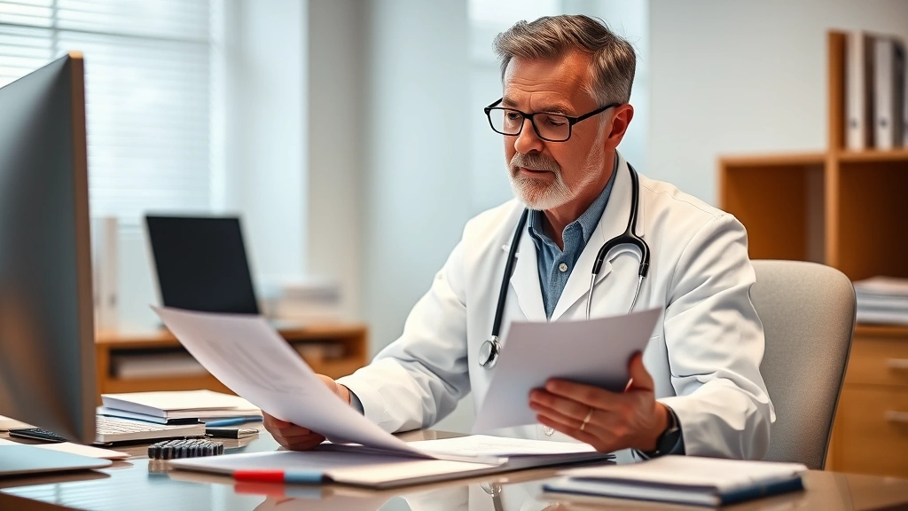 Healthcare professional in white coat at desk with stethoscope reviewing medical documentation, warm lighting, focused expres