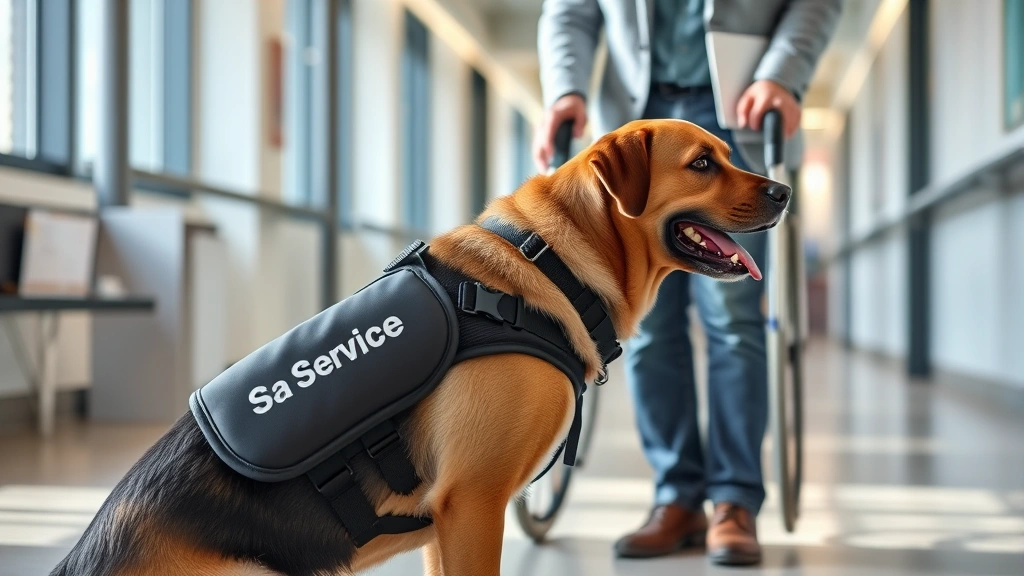 Service dog in vest performing task assistance for person with disability in accessible workplace environment, showing teamwo