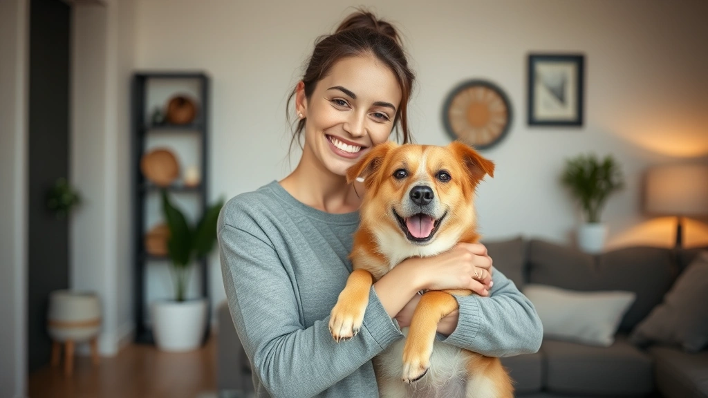 Woman smiling holding her dog indoors at home apartment calm peaceful supportive emotional bond