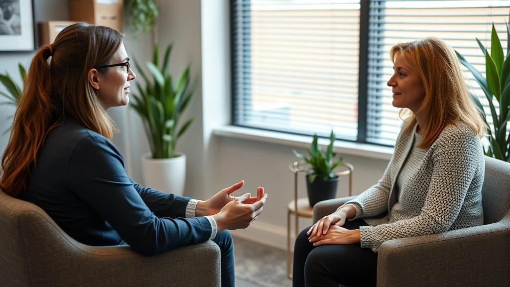 Person meeting with therapist counselor in professional office setting discussing mental health support