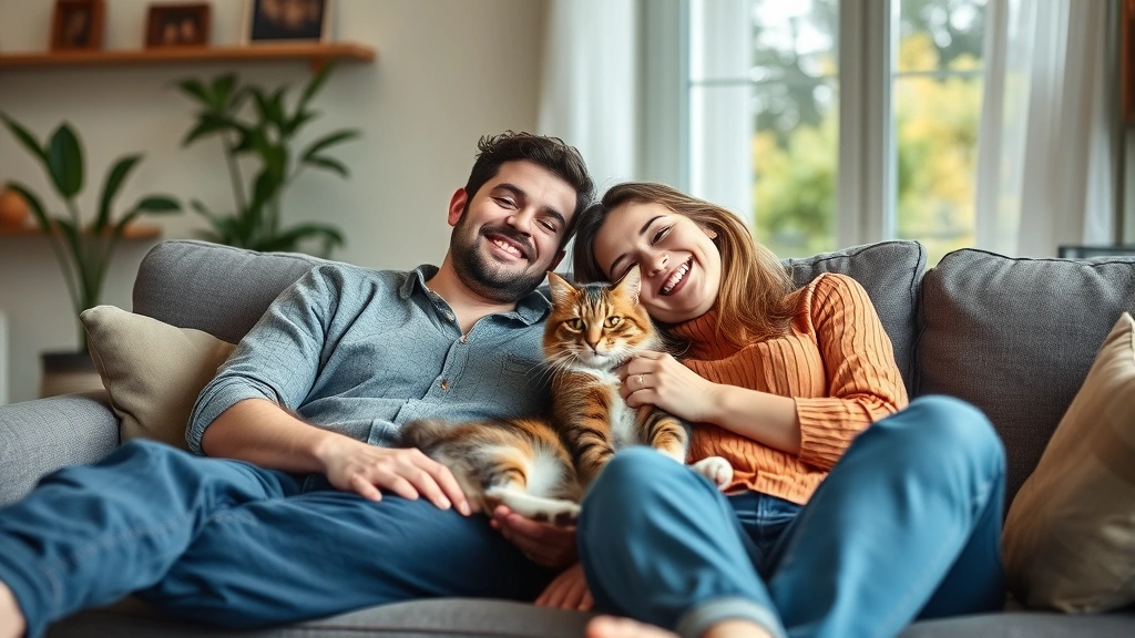 Happy couple with their cat relaxing on couch living room natural light comfortable home environment