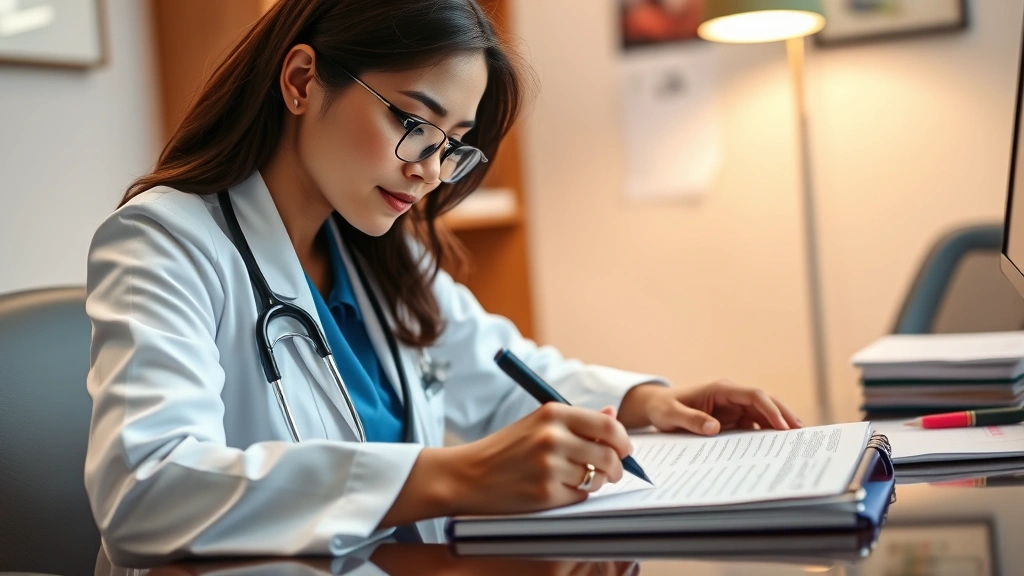 Healthcare provider writing medical documentation at desk with stethoscope, professional office setting, warm lighting