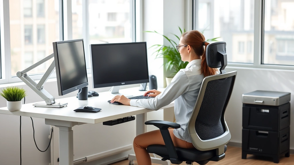Employee at ergonomic workstation with adjustable desk, proper posture support, comfortable office chair, daylight