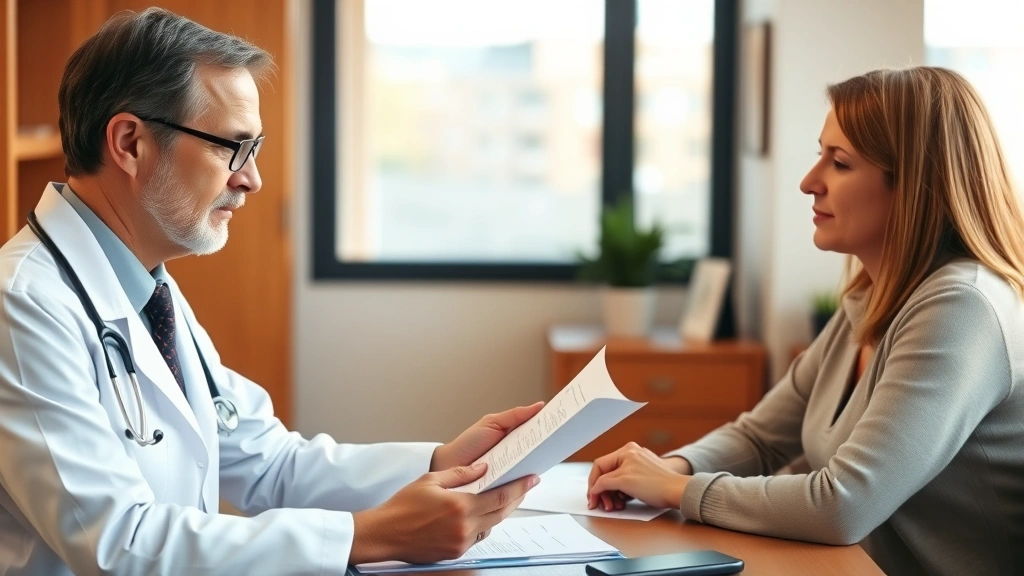 Healthcare provider in white coat reviewing medical documents at desk with patient, warm office lighting, professional atmosp