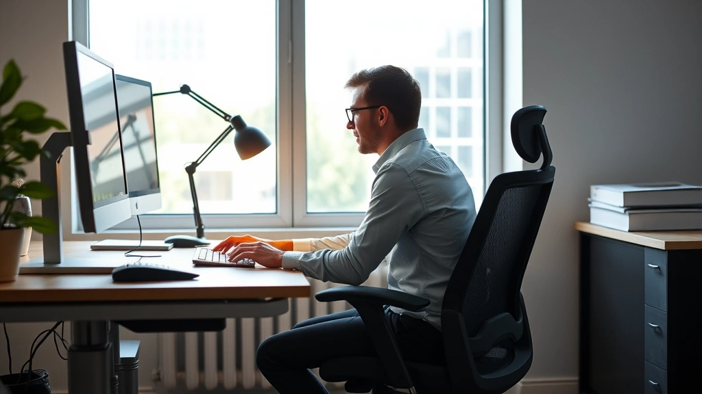 Employee at ergonomic workstation with adjustable desk and supportive chair, natural lighting from office window, comfortable