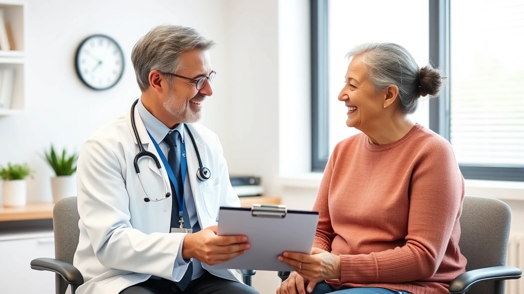 Doctor and patient having supportive conversation in bright clinical office, both smiling, discussing medical accommodation d